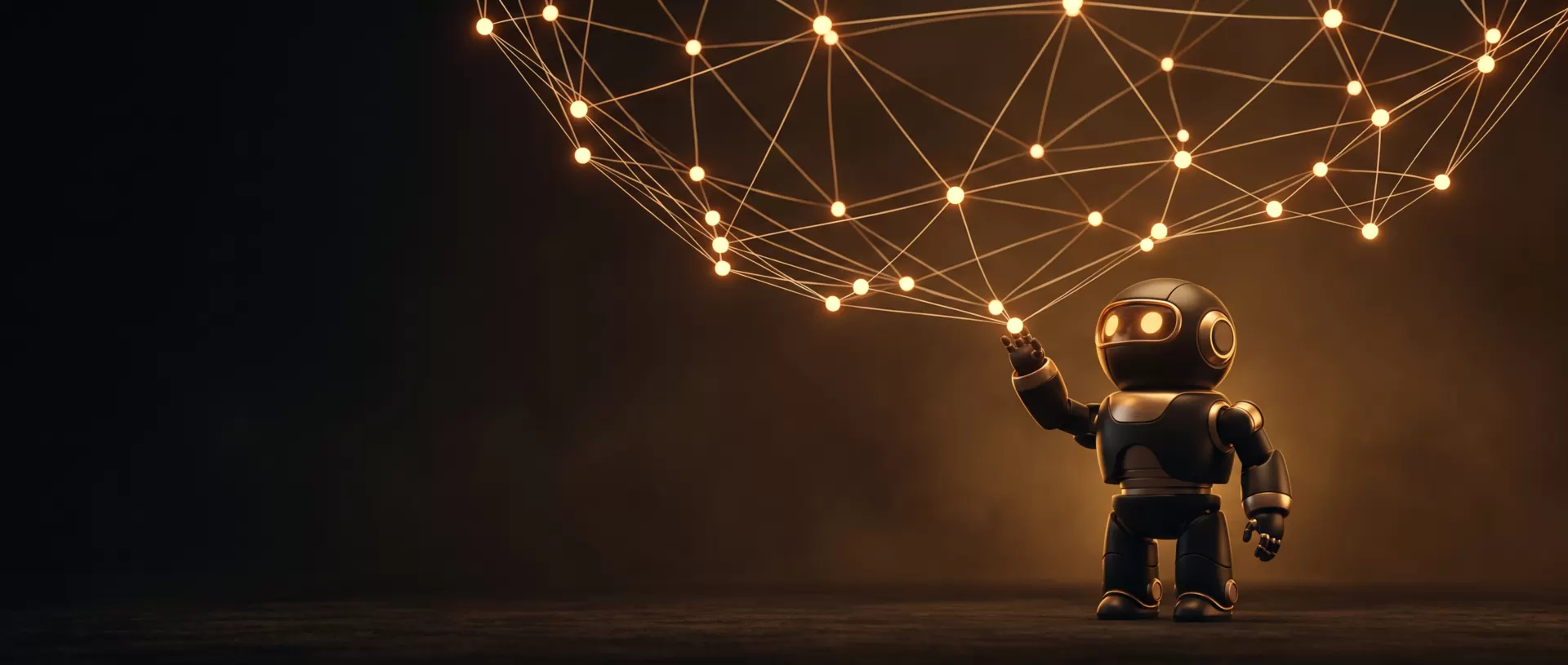 A small robot reaching up into a constellation of connected glowing nodes, representing a business made readable to search engines and AI answer engines.